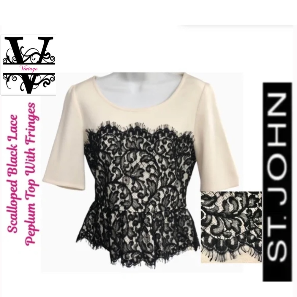 St. John Excellent condition Cream & Black Lace Fringe Peplum Short Sleeve Top
